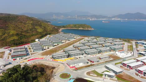 Covid19-Quarantine-compound-buildings-in-the-outskirts-of-Hong-Kong,-Aerial-view