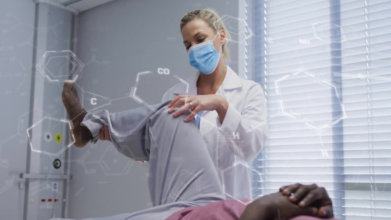 Animation of chemmical formula over diverse female doctor and male patient