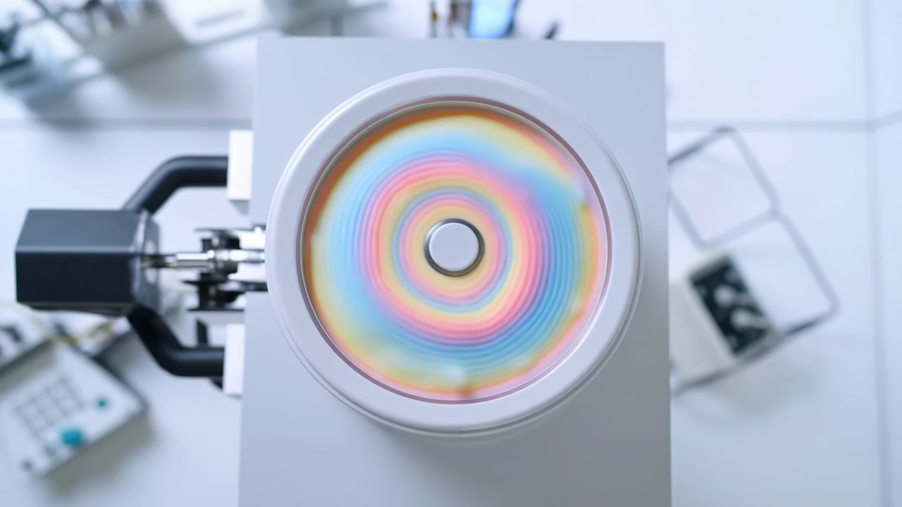 Frontal centered view shows circular machine component in active spin with vivid rainbow blur, set inside bright sterile laboratory or automated production space with soft cool light, smooth metal