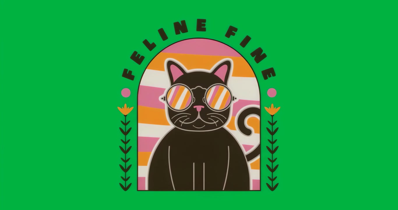 Ao carregar, gato usando óculos de sol sob FELINE FINE, borda pulsante, pontos flutuantes em fundo transparente