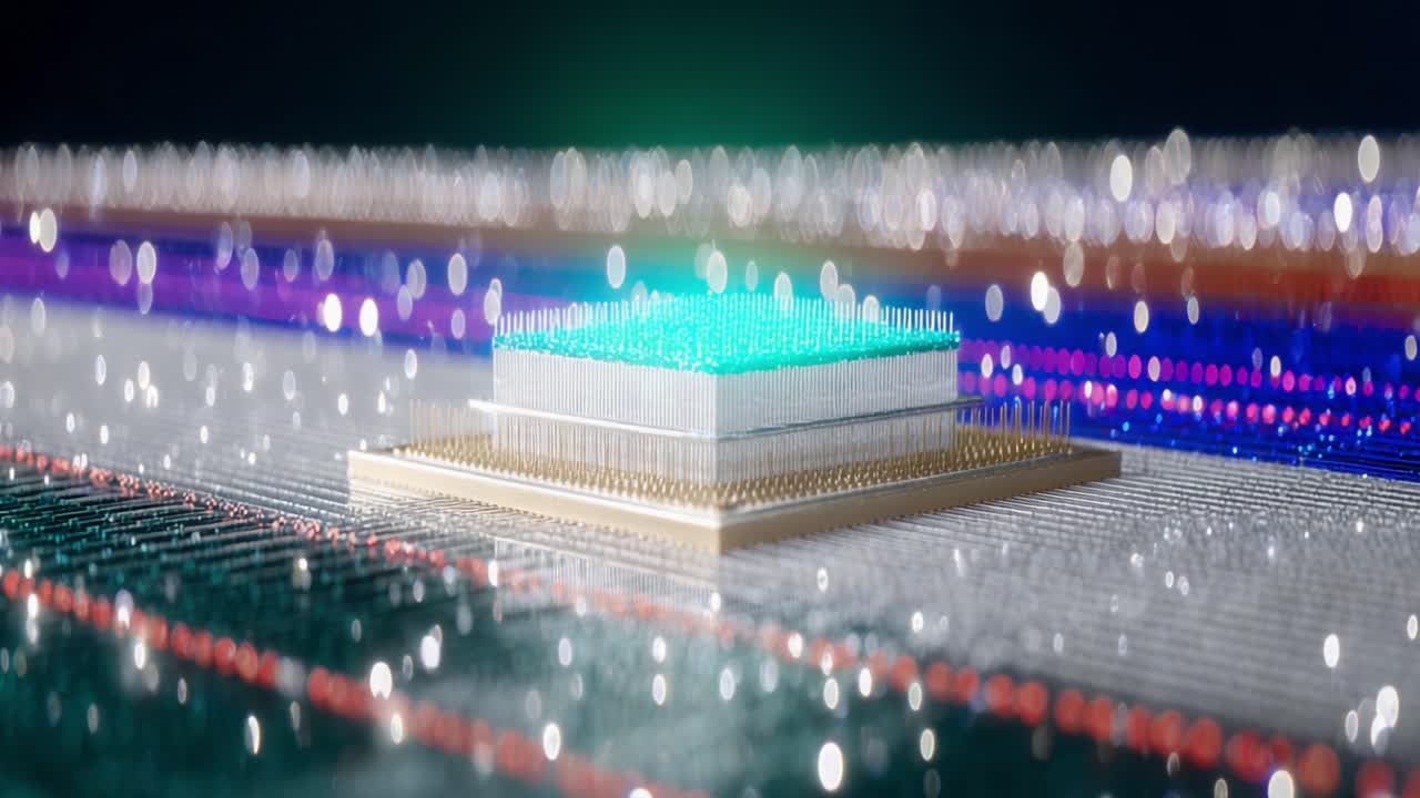 Powerful quantum processor computing complex data in a futuristic server room. Advanced artificial intelligence hardware with glowing information streams and neural network activity on a microchip