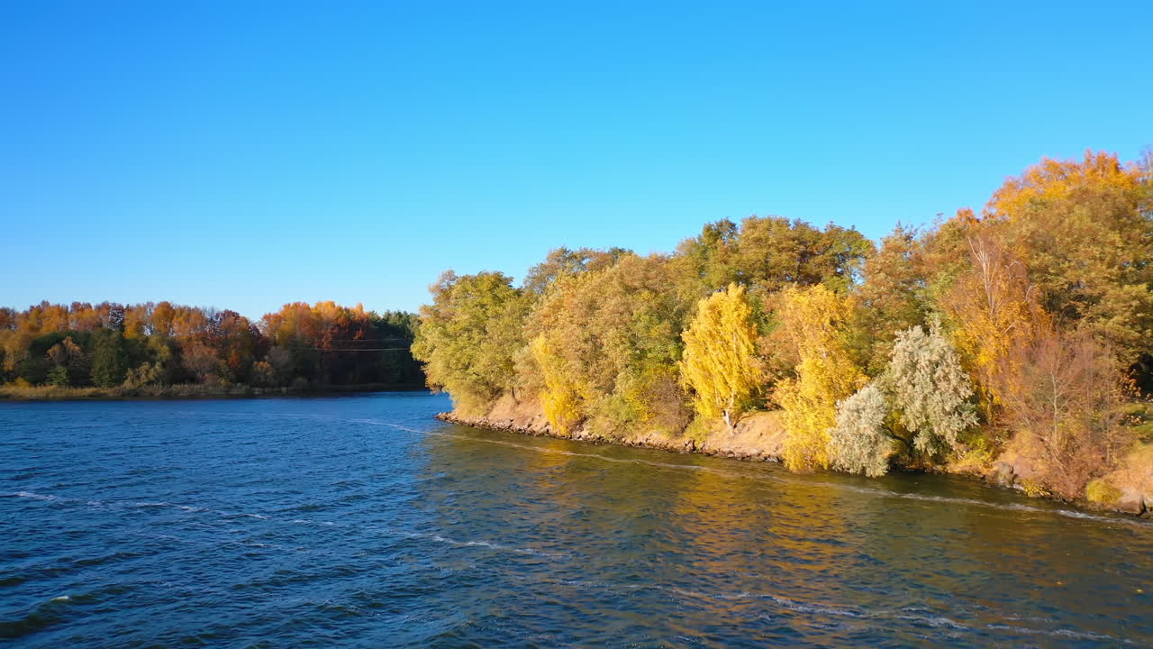 Natural outdoor autumn drone scenery. River beautiful landscapes aerial view.