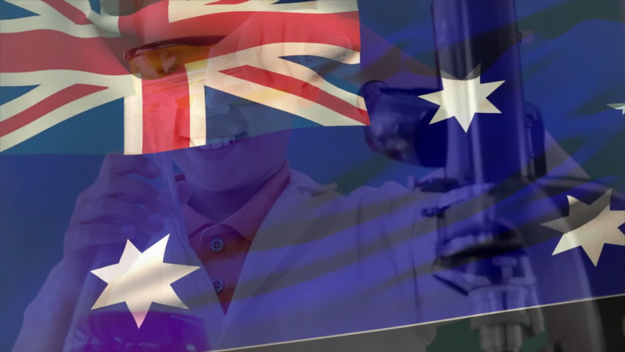 In school, scientist working in lab with animation of Australian flag overlay