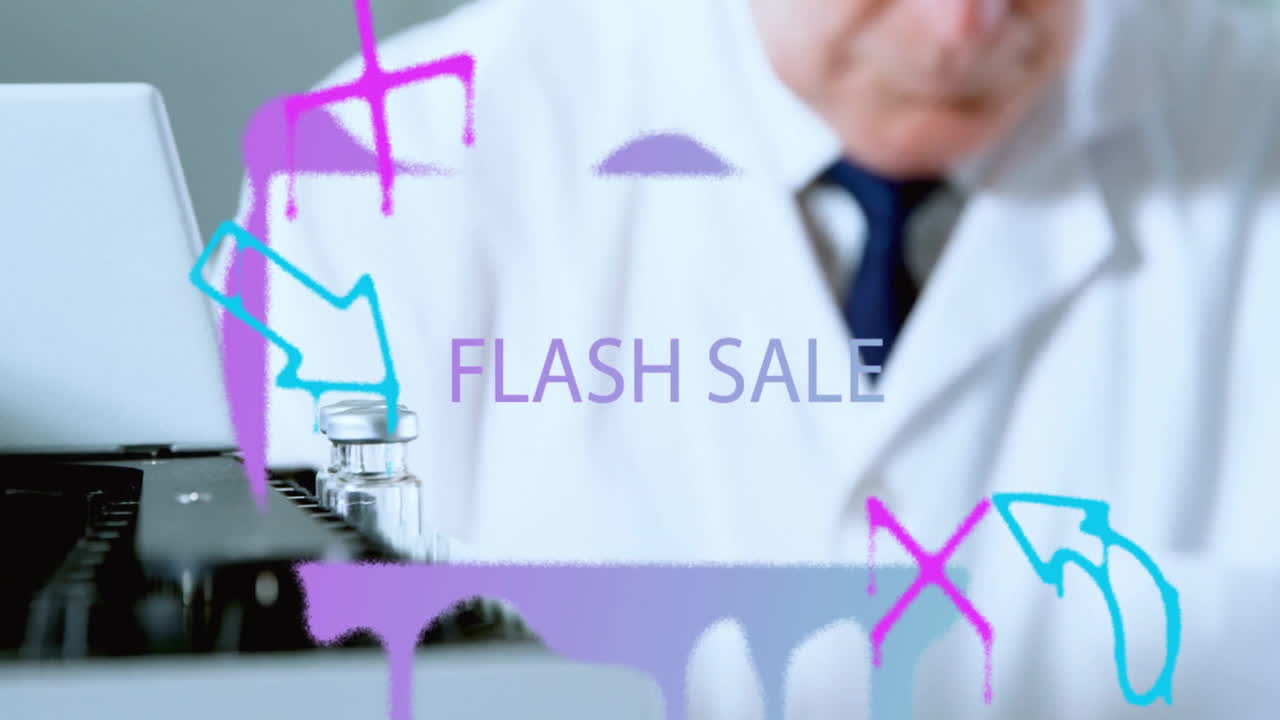 Scientist working in lab with colorful flash sale animation overlay