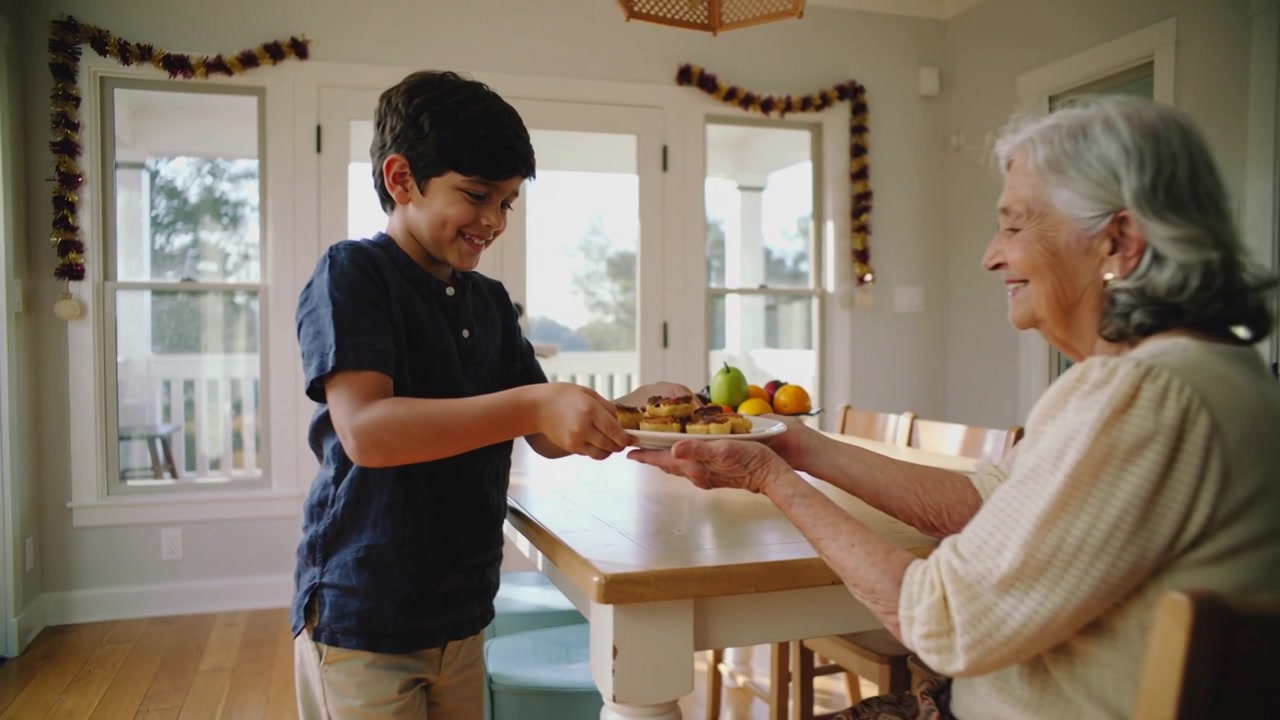 Entrando pela esquerda, menino de polo azul-marinho levando doces para a avó em casa, oferecendo lanche.