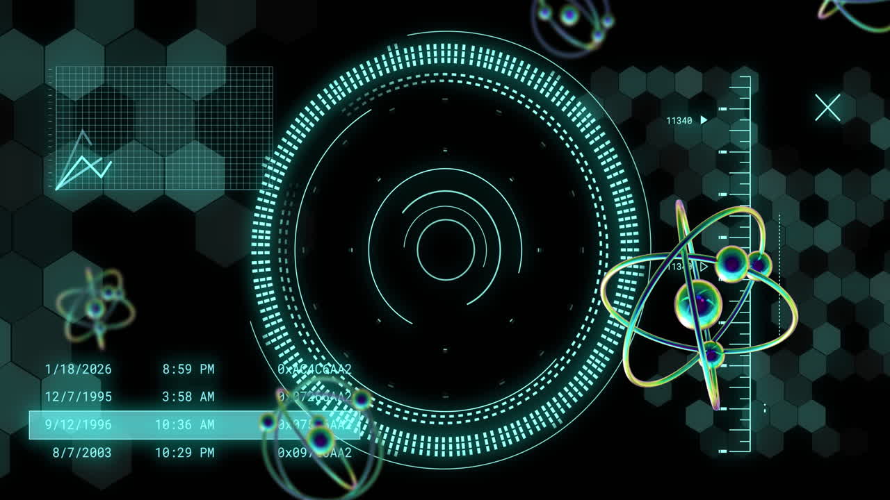 animación del giro del modelo atómico y procesamiento de datos sobre fondo negro