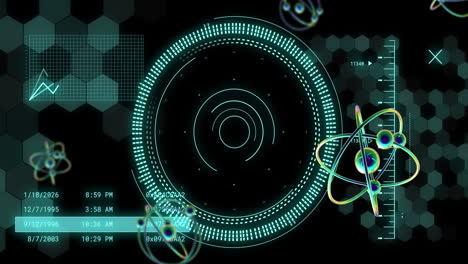 animation of atom model spinning and data processing on black background