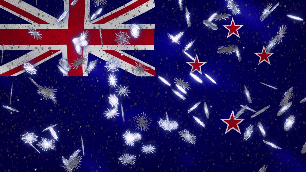 뉴질랜드 발을 흔들고 눈이 내리는 주기적 배경 크리스마스와 새해, 루프