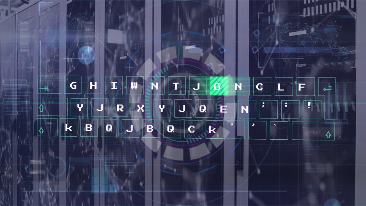 Animation of round scanner, virtual keyboard and network of connections against server room