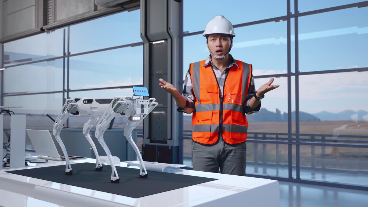 corpo pieno di ingegnere maschio asiatico con casco di sicurezza in piedi in fabbrica ad alta tecnologia, analizzando il concetto di macchina robotica. chiedendo e dicendo perché lavorare dubbiosamente