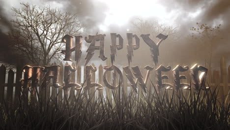 feliz halloween y fondo místico de halloween con bosque oscuro y niebla