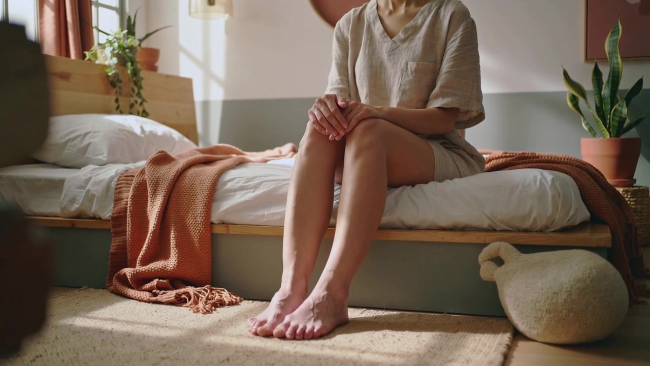 Donna seduta in abito beige che individua un segnale fuori campo, indicando e con le mani giunte su un letto basso con piante.
