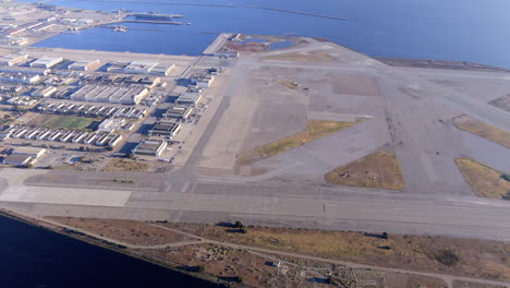 Panoramic-View-From-Above-Of-The-Decommissioned-Alameda-Naval-Air-Station-Along-San-Francisco-Bay-In-California,-USA