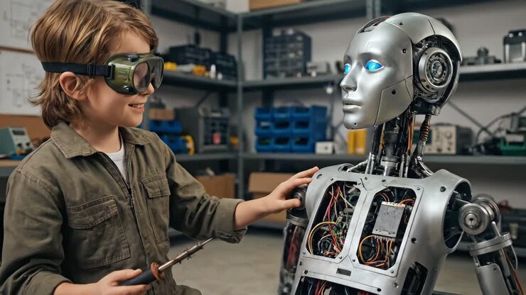 Ragazzino che salda e ripara un robot in un laboratorio