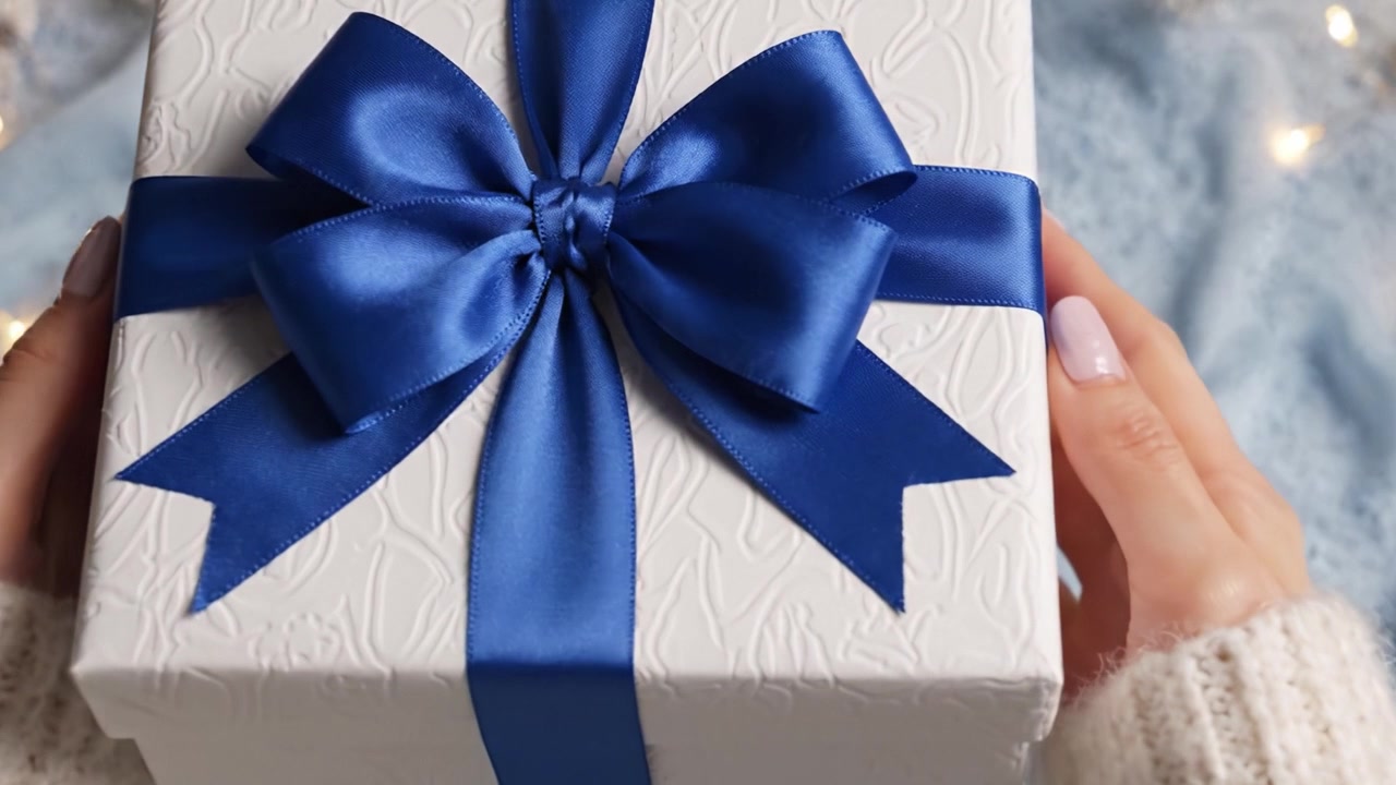 Presentazione regalo accattivante: una scatola splendidamente incartata con un nastro blu è tenuta delicatamente, evocando attesa e gioia di scartare una sorpresa speciale