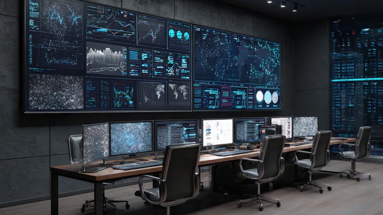 Una sala di controllo ad alta tecnologia con schermi multipli e display di dati per il monitoraggio e l'analisi di dati complessi in un ambiente moderno.