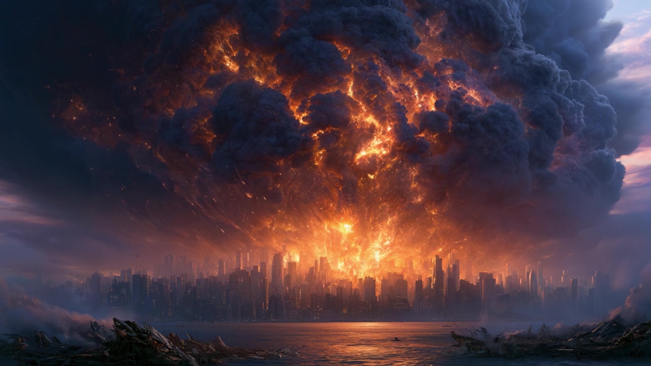 A City in Chaos: A Dazzling Eruption Illuminates the Sky and Drenches the Urban Landscape in Flames Amidst Dark, billowing Smoke Clouds
