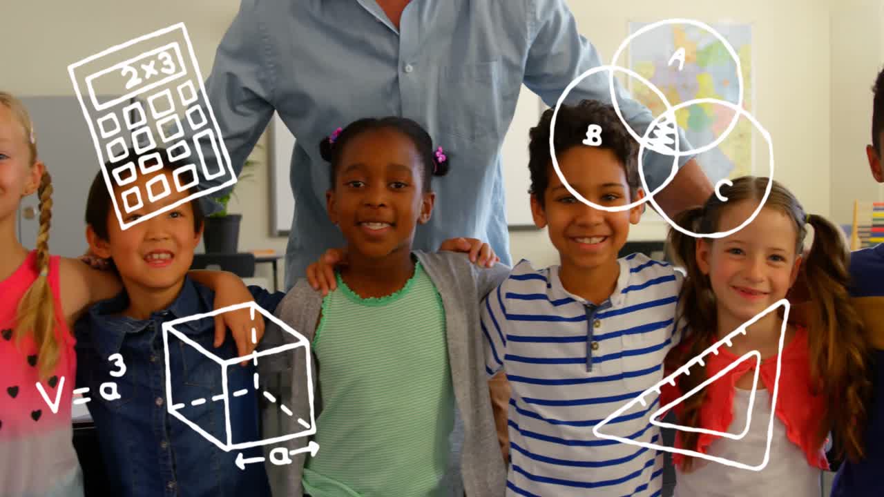 Animation of school icons over diverse schoolchildren