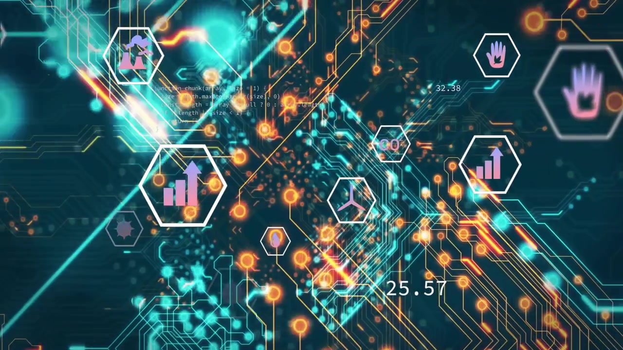 Pulsing light moving along teal traces, sparking bursts and revealing hex metrics for tech ops