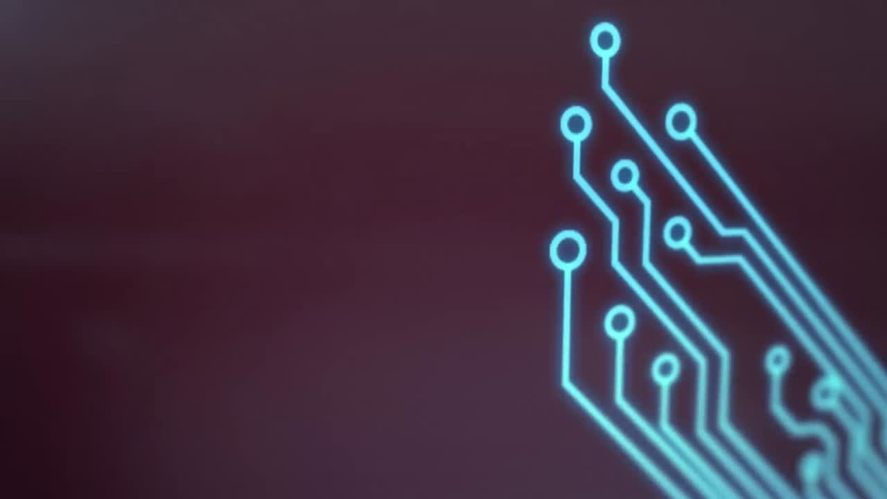 animación de una red de conexiones de neón sobre un fondo rojo.