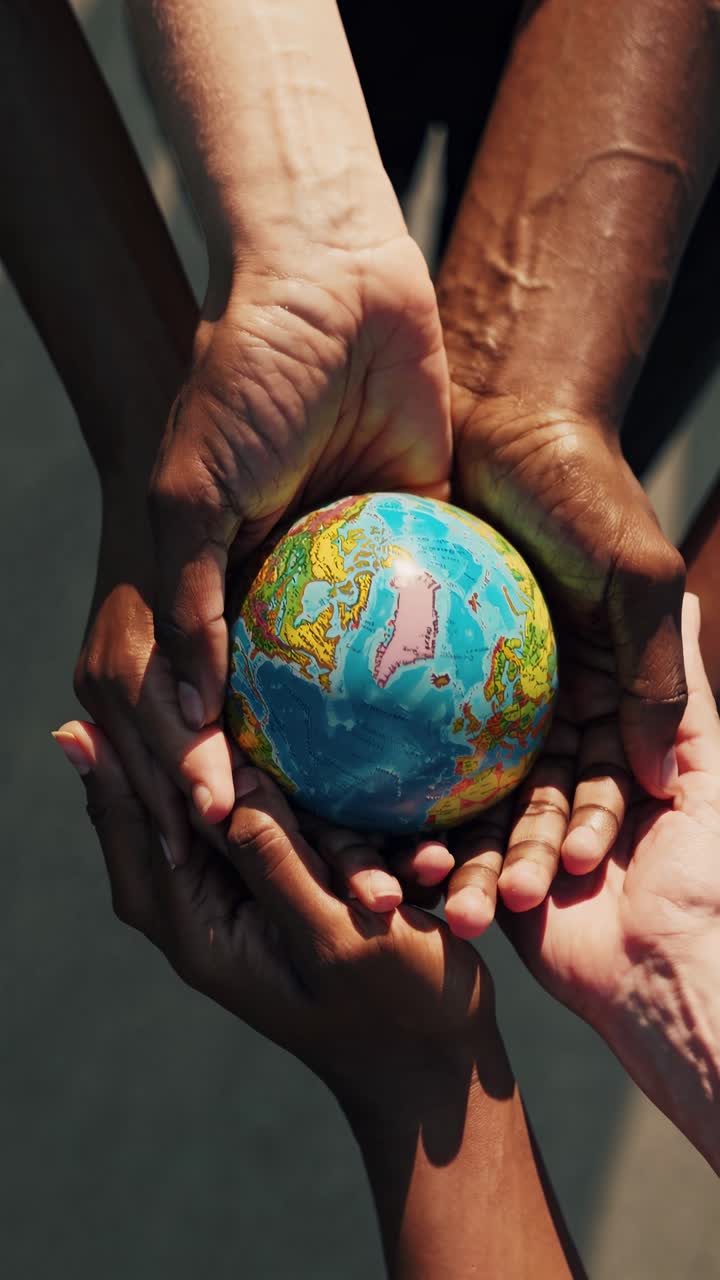 Aerial view of diverse hands holding a small globe, symbolizing unity and global connection
