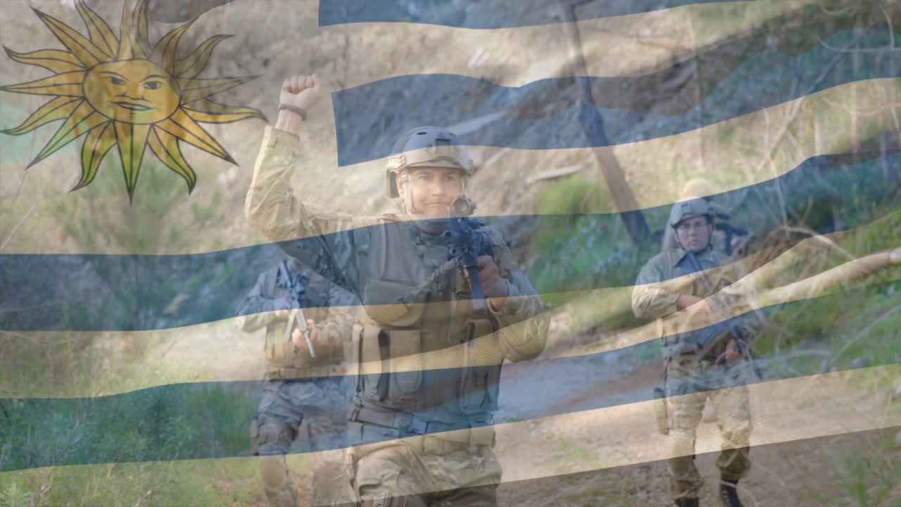 Animation of soldiers in action with Uruguay flag overlay in outdoor setting