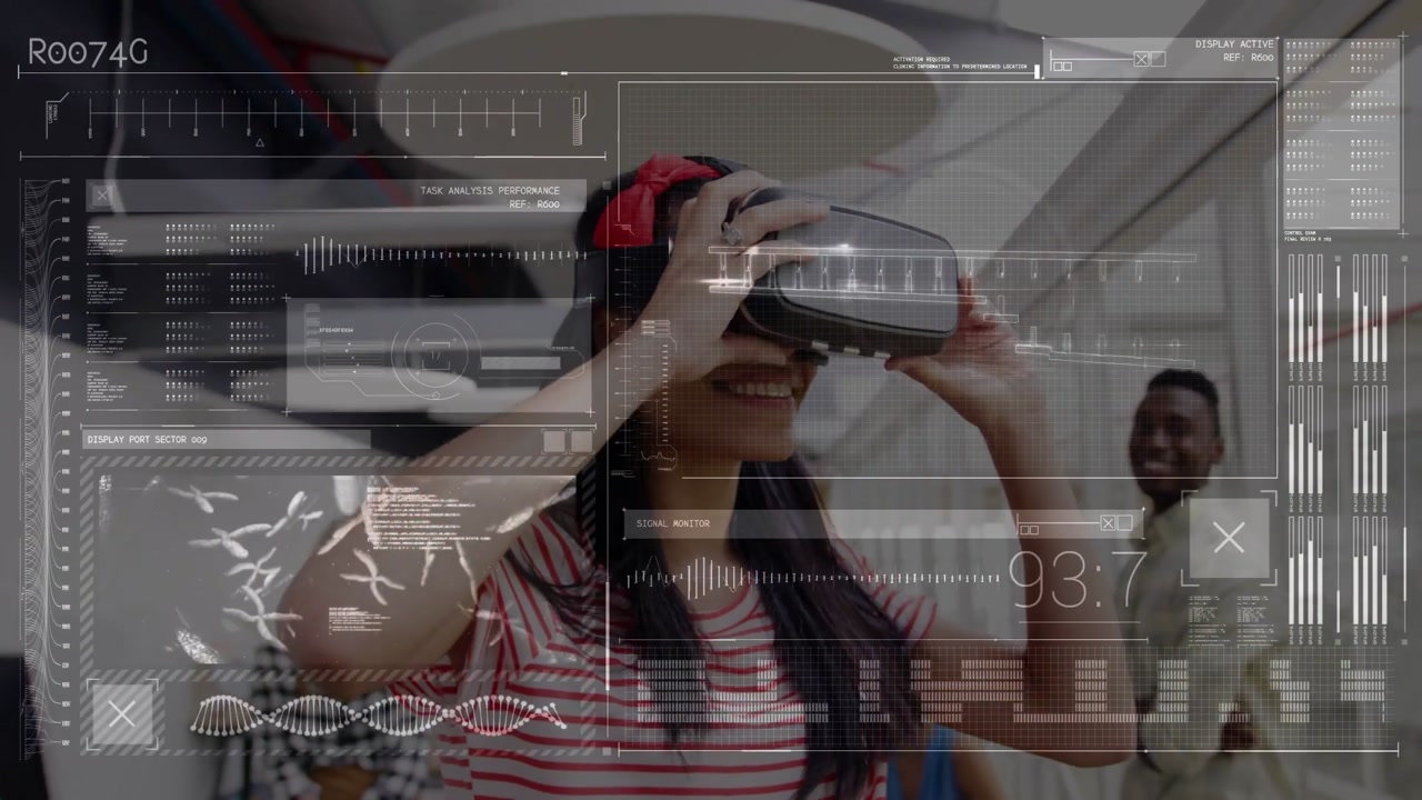 Vertical video: Demo starting, woman trying VR headset in lab wearing red headband showing HUD data
