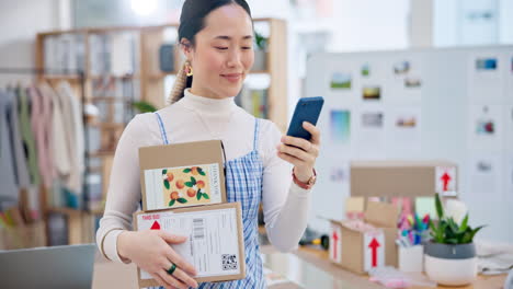 Package,-startup-and-Asian-woman-with-phone