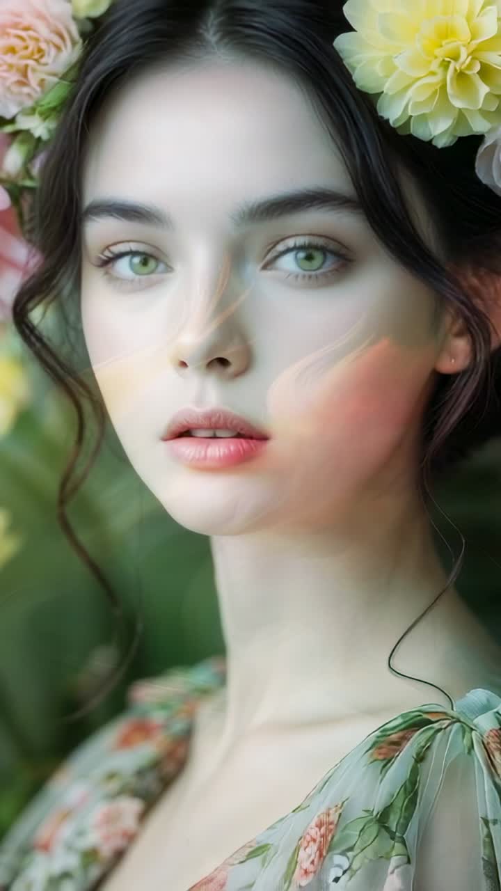 Vertical video: As scene opens model with floral crown, shifting gaze, blinking in studio