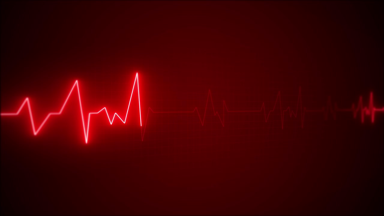 Sfondo monitor battito cardiaco rosso con linea ECG luminosa, griglia scura e perfetto movimento del polso medico.