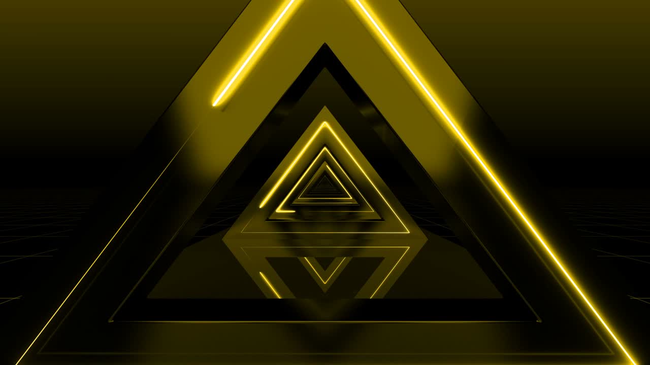 hermoso túnel de triángulo de bucle abstracto con líneas de luz amarillas