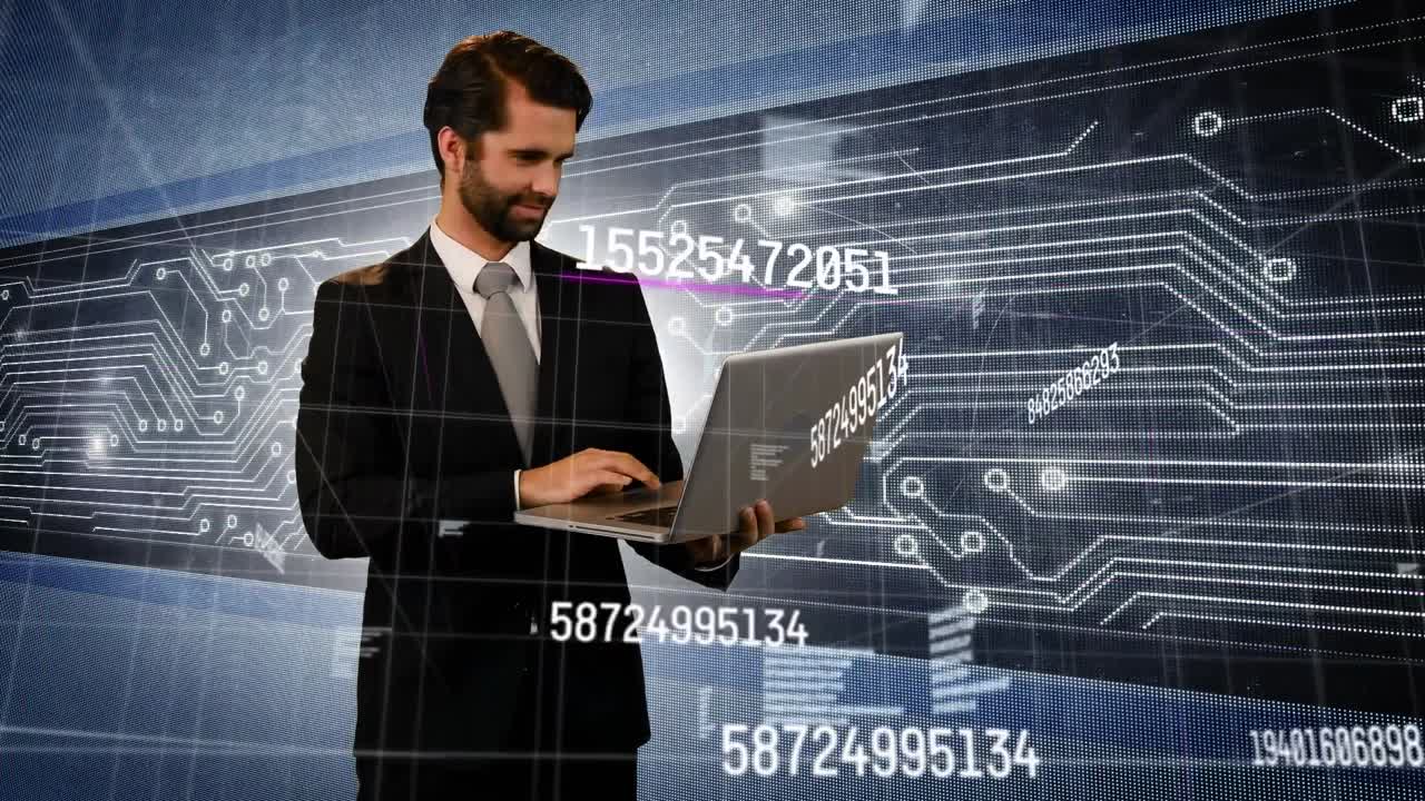 animación de la red de conexiones y procesamiento de datos sobre el hombre utilizando computadora portátil