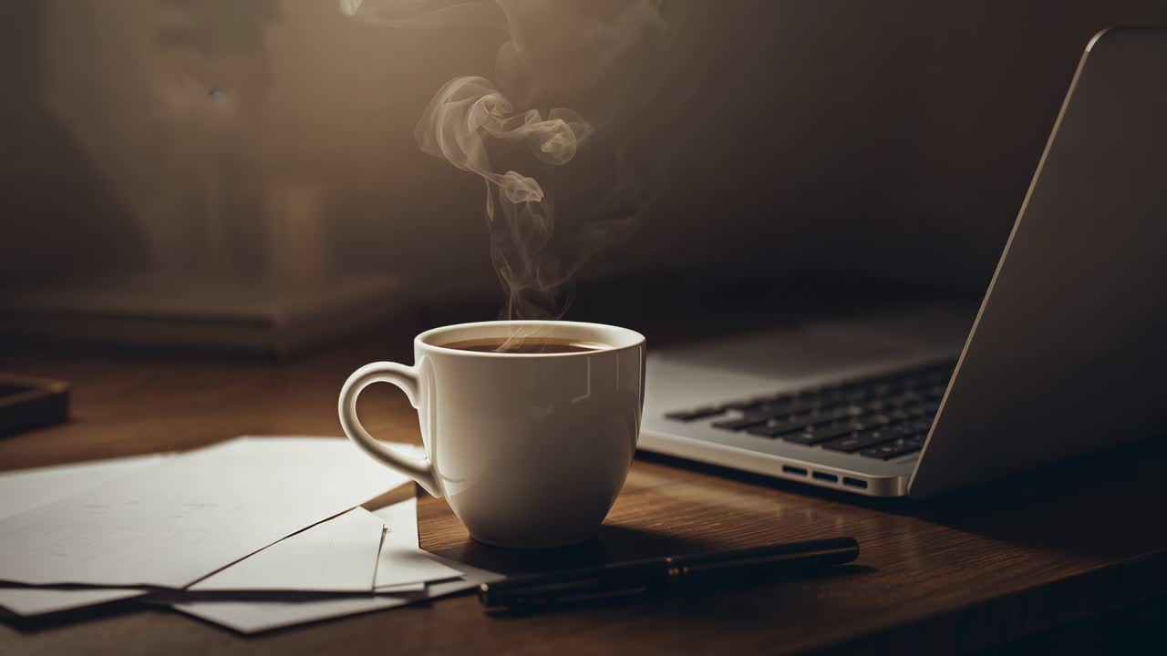 Tazza di ceramica bianca che emette vapore dopo la mescita, formando un pennacchio vorticoso su una scrivania di legno con un laptop.