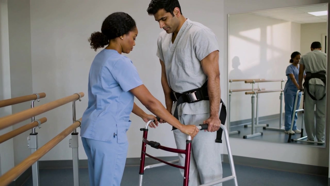 Paciente en rehabilitación con uniforme médico y cinturón de marcha, clínico guiando su paso mientras sostiene un andador.