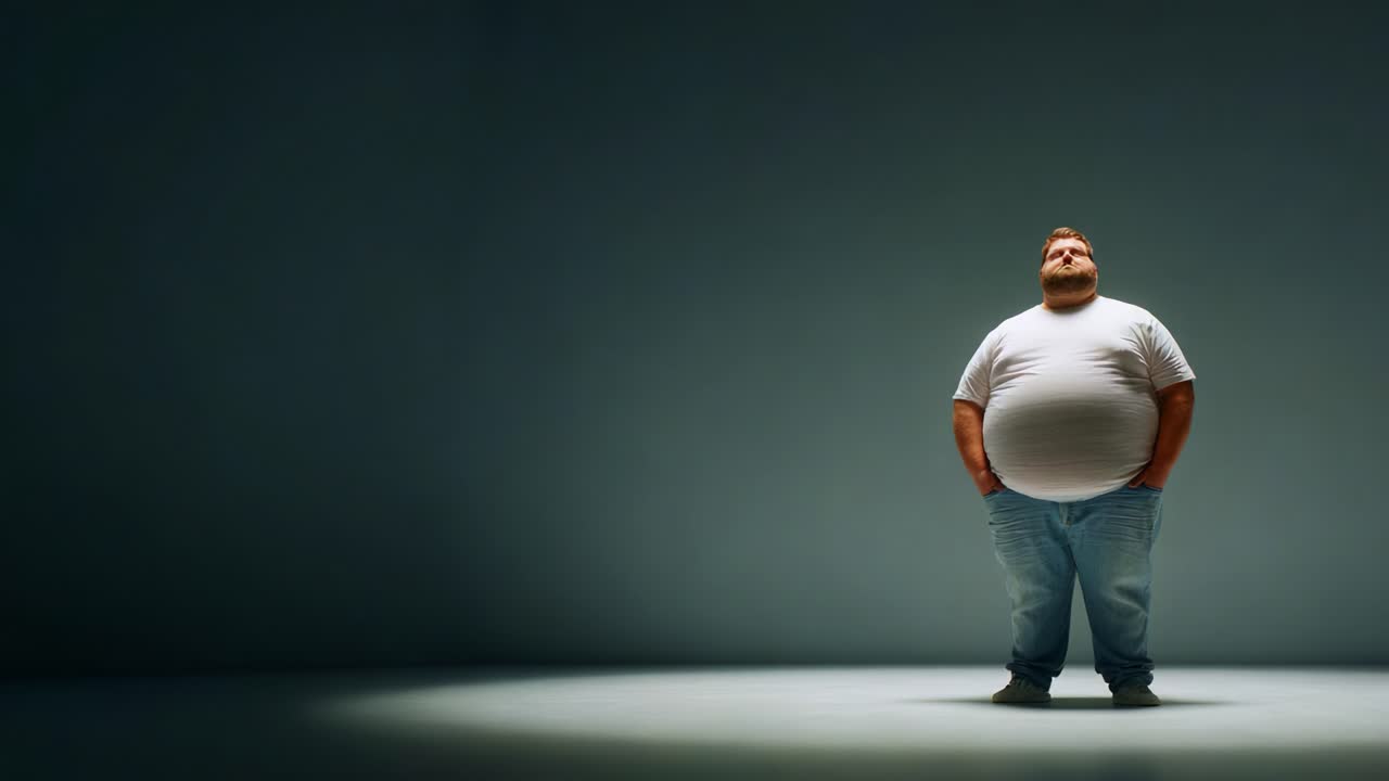 A confident individual stands alone in a spotlight, exuding self-acceptance and positivity amidst a minimalist backdrop, showcasing a powerful message about body image and self-love