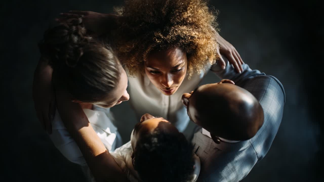 An intimate moment of connection and understanding among four diverse individuals, showcasing unity and emotional depth in a beautifully lit setting that captures genuine expressions