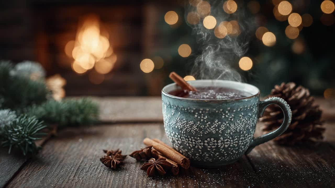 A Cozy Winter Scene Featuring a Beautifully Decorated Mug of Hot Beverage, Complete with Cinnamon Sticks and Star Anise, Against a Fireplace Backdrop and Holiday Cheer