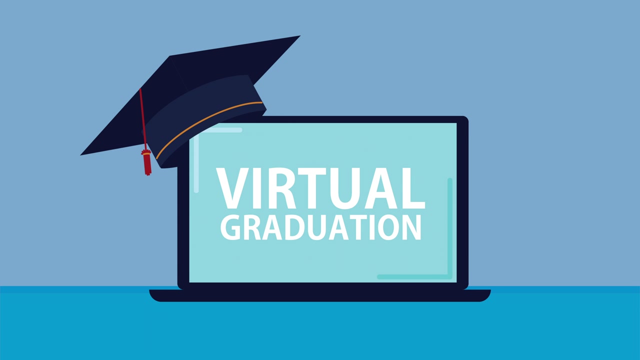 Animazione di laurea virtuale con laptop e cappello