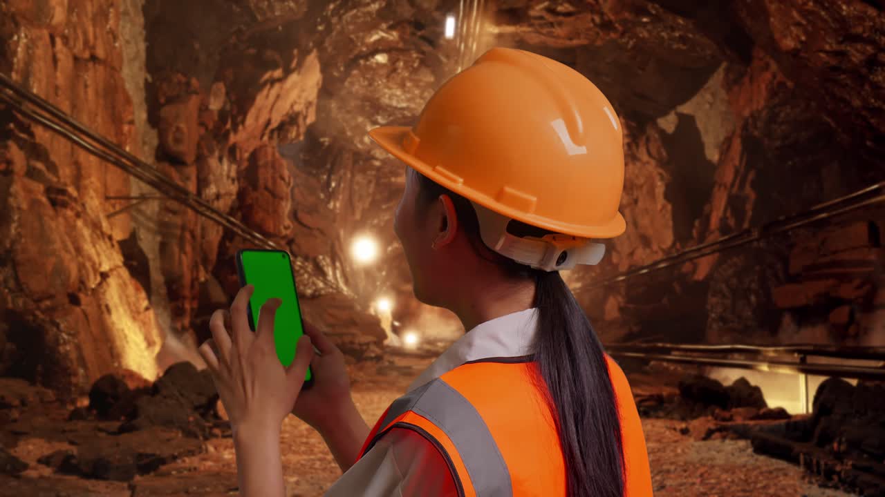 Miner using a smartphone in a mine