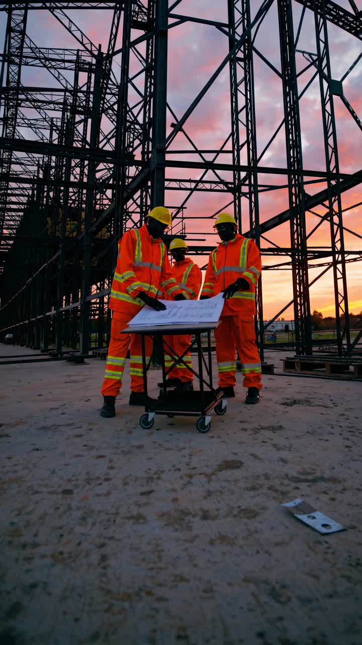 Wide-angle shot of construction workers in safety gear reviewing blueprints at sunset