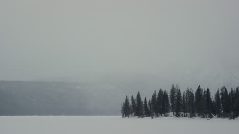Vista-Del-Paisaje-De-Los-árboles-Junto-Al-Lago-Congelado-En-Invierno-Con-Nieve-Que-Sopla