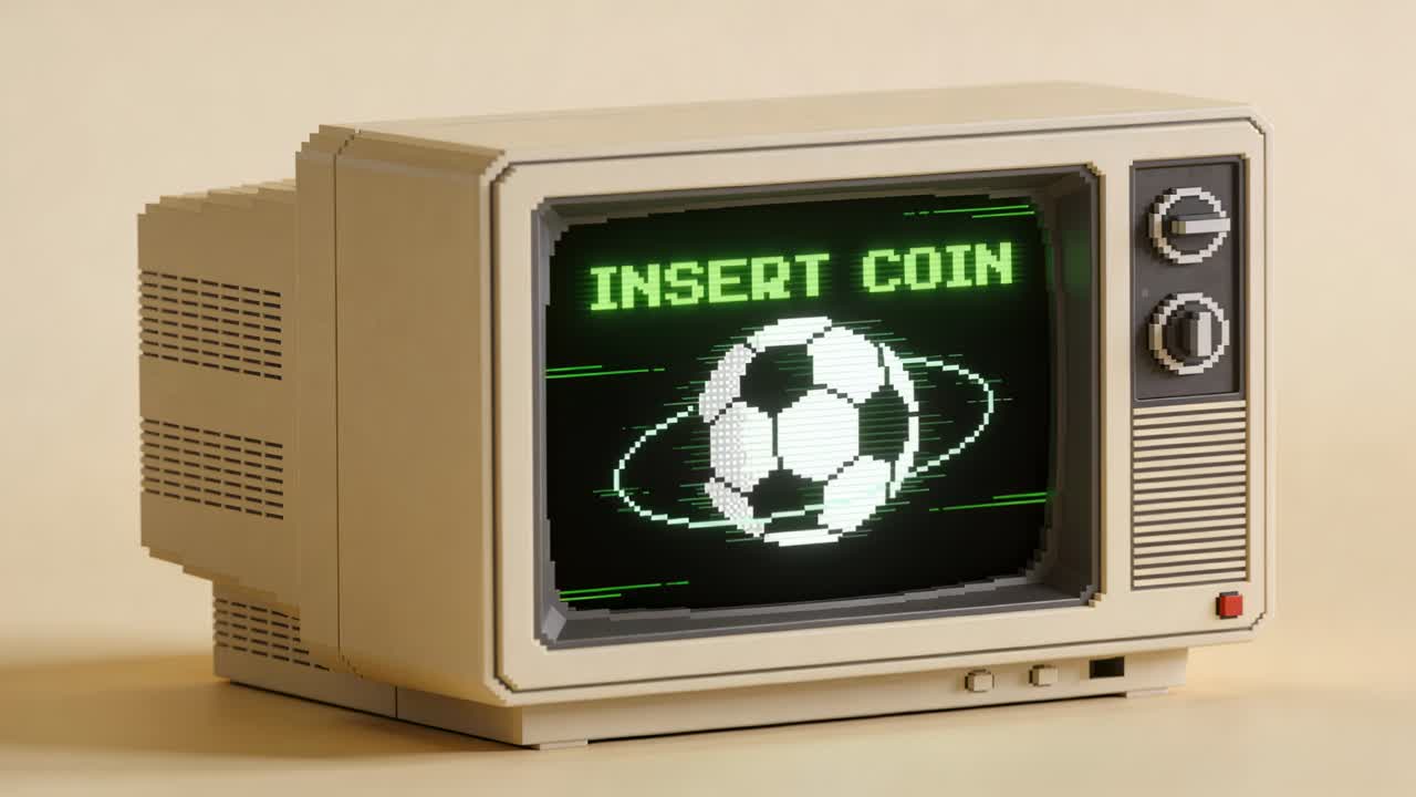 Loop in riproduzione, con display CRT che mostra un pallone da calcio pixelato che orbita attorno a 'INSERT COIN', cercando una moneta su uno scaffale.