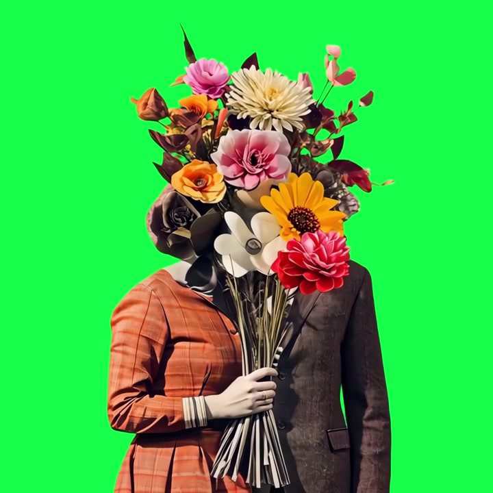 Surrealistisk collage av et par med blomsterbuketthoder på grønn skjerm