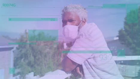 animation of data processing over african american man wearing face mask