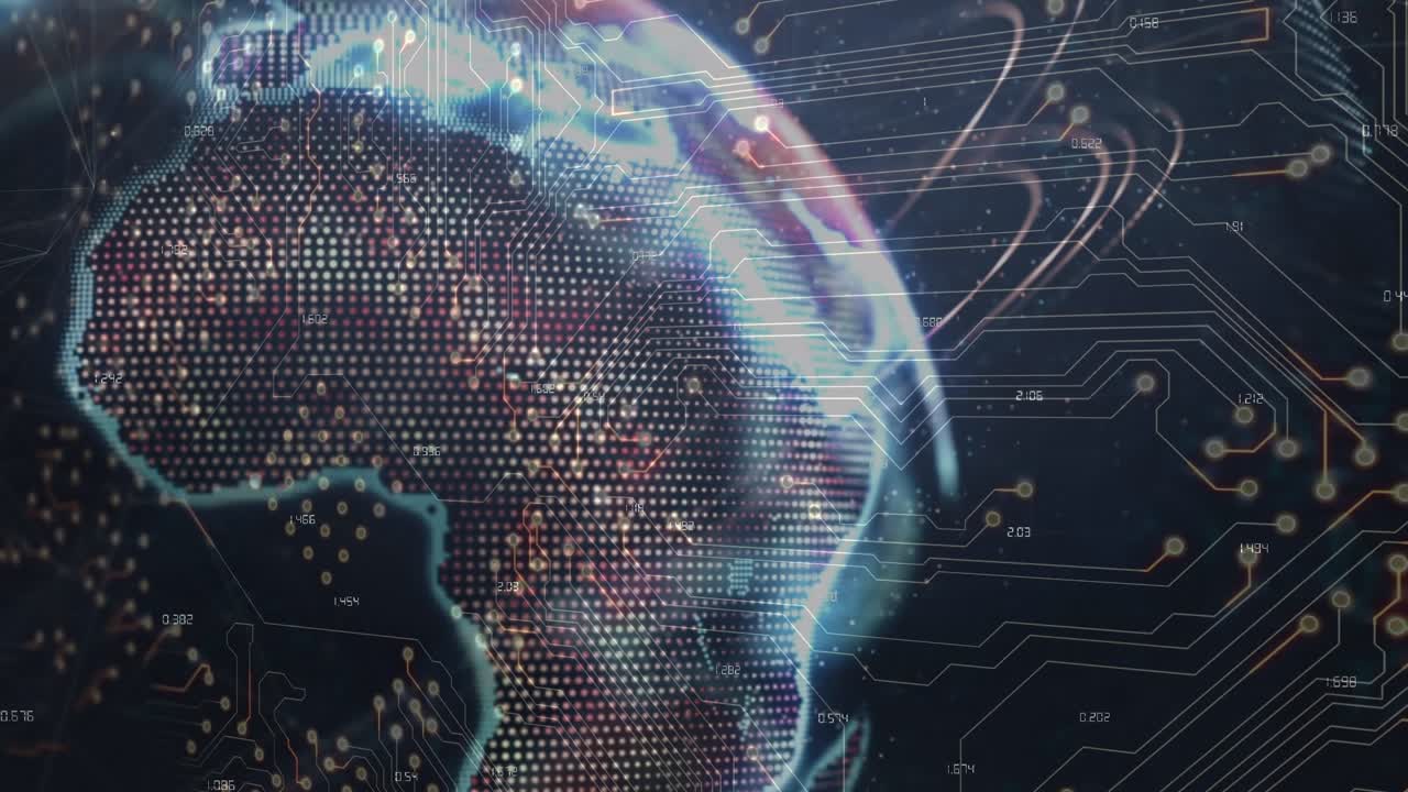 Animation of integrated circuit over globe and connections