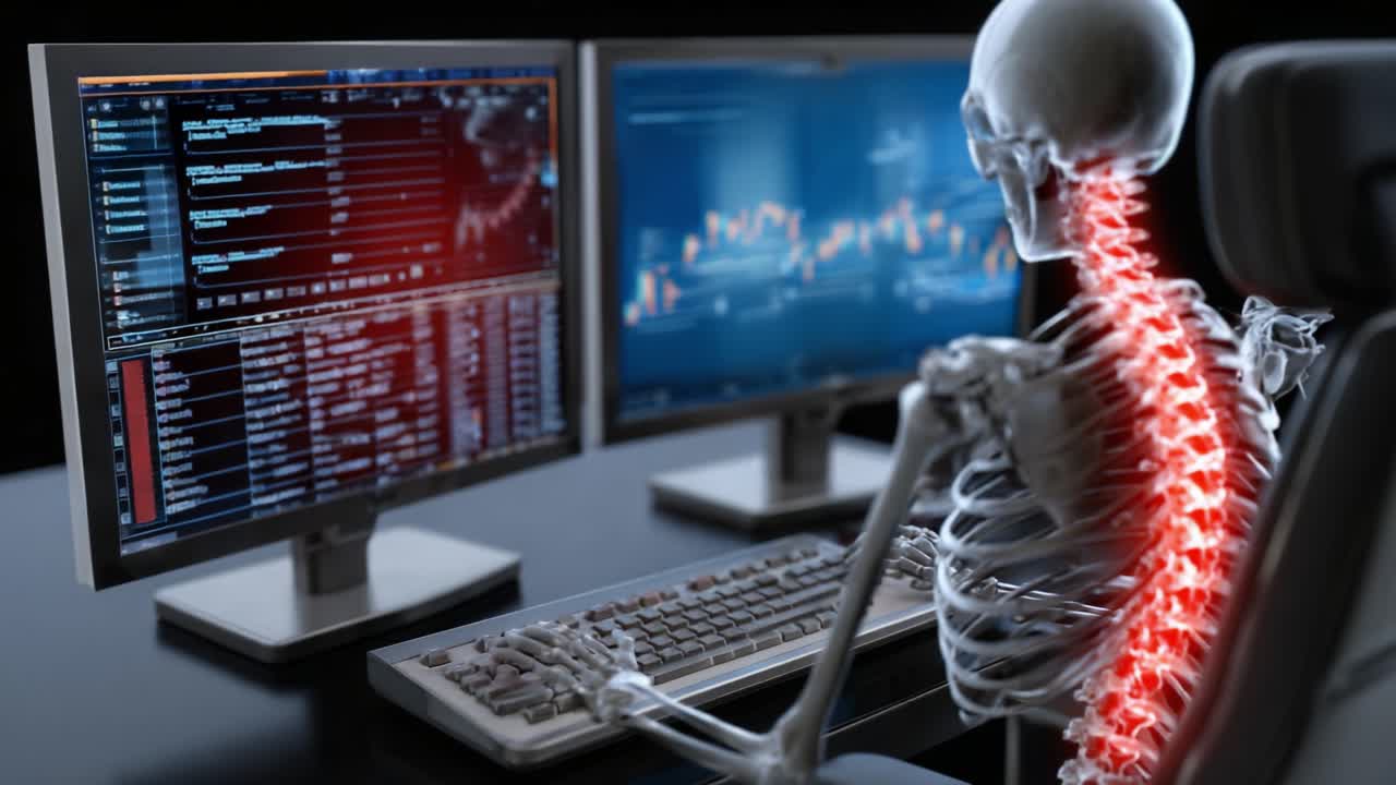 Et skelet observerer data på dobbeltskærme: Illustrerer stillesiddende livsstils indvirkning på holdning og rygsøjlens sundhed i en digital tidsalder