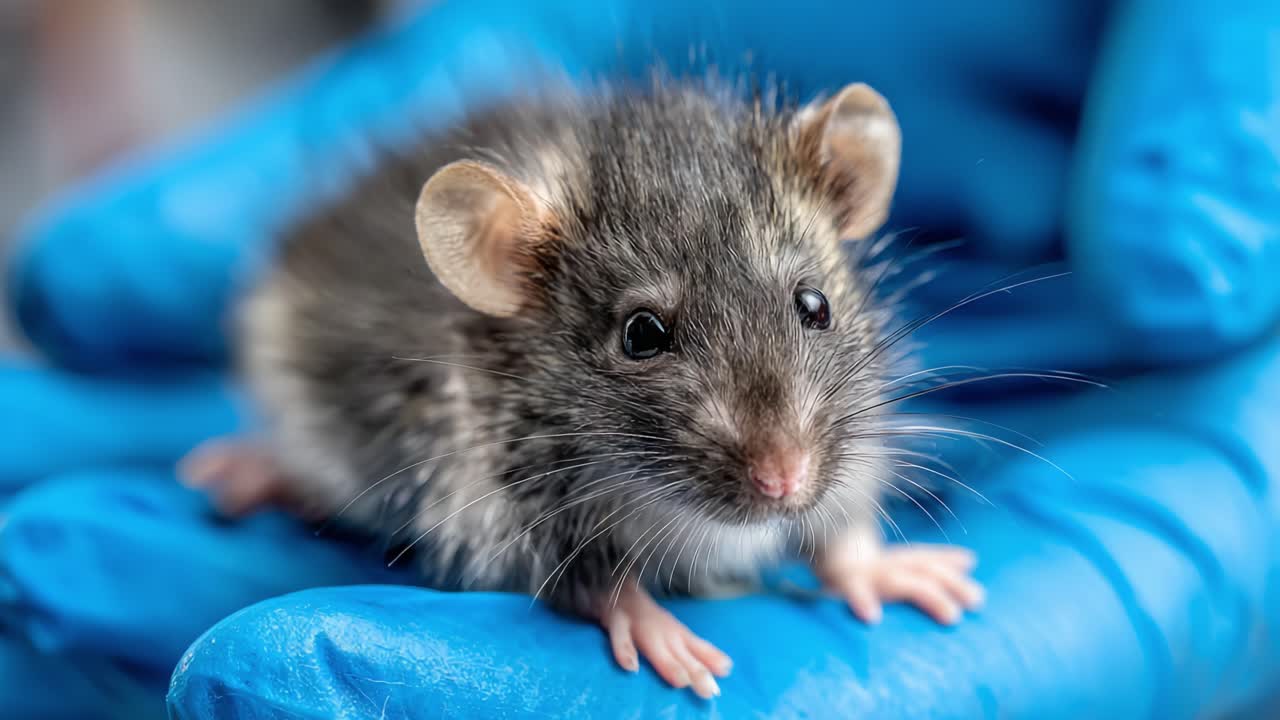 Close-Up of a Cute Pet Mouse Captured in Two Frames, Showcasing Its Soft Fur, Curious Eyes, and Adorable Features While Sitting Comfortably on a Gloved Hand