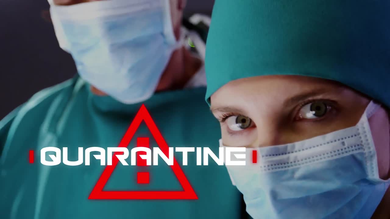 Animação da palavra Quarentena com profissional de saúde ao fundo durante a pandemia de coronavírus