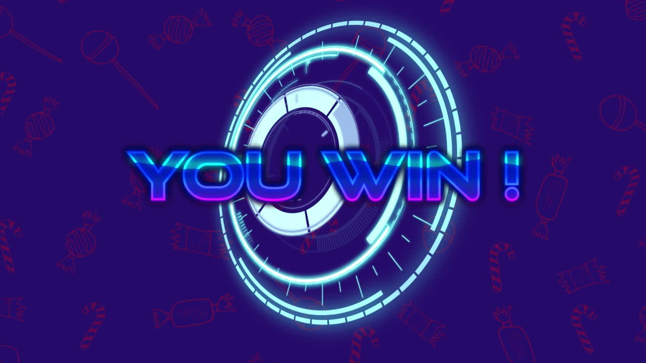 블루 배경에 범위 스캐닝과 사탕 아이콘을 통해 텍스트를 이기는 애니메이션