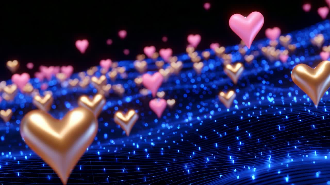 A Vibrant Display of Floating Hearts in a Digital Landscape, Capturing the Essence of Love and Emotion with Bright Colors and Sparkling Background Elements, Creating an Ethereal and Dreamlike Atmosphere